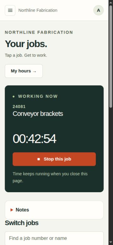 MinuteMill employee job board showing Conveyor brackets running, its elapsed timer, and Stop this job.